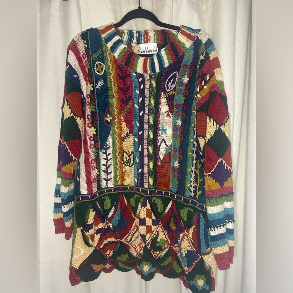 Vintage Carolina Colours Coogi‎ Style Multicolor Rainbow Cut Out Novelty Sweater